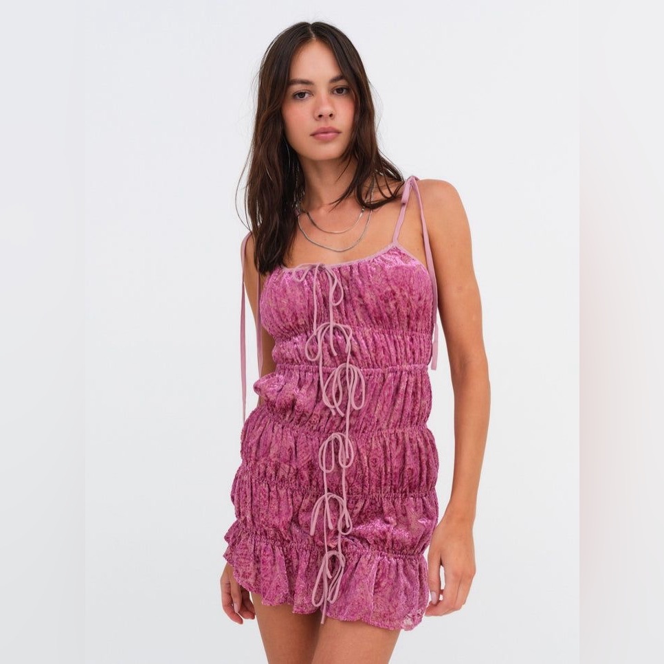 Nwt For Love & Lemons Felicity Mini Dress Size Medium In Color Purple Combo